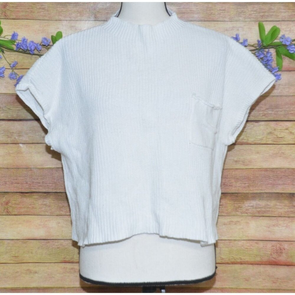 Olivaceous Ladies White Crop Cap Sleeve Sweater Top Size L Ribbed Mock Neck